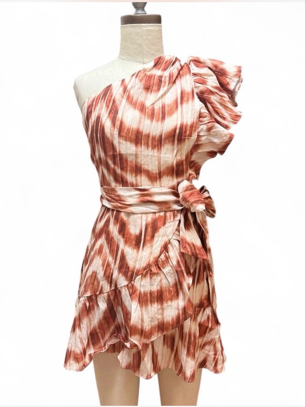 NWT 100% linen Banana Republic one shoulder Wildprint dress ruffle details lined